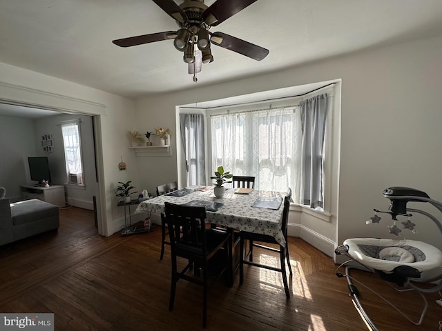 dining space featuring ceiling fan and dark hardwood / wood-style floors