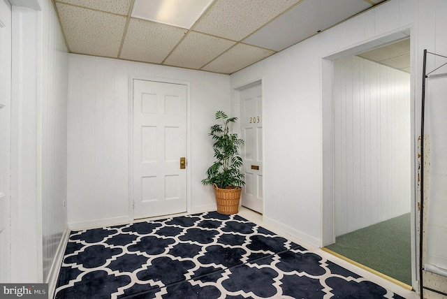 entrance foyer featuring carpet and a drop ceiling