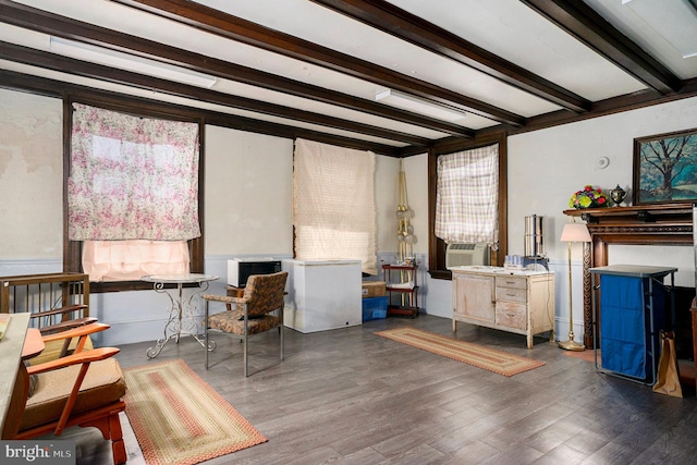 office area featuring dark hardwood / wood-style floors and beamed ceiling