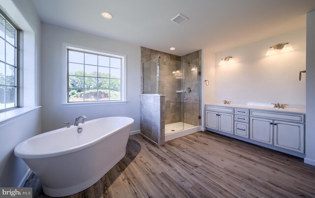 bathroom with shower with separate bathtub, hardwood / wood-style floors, and vanity