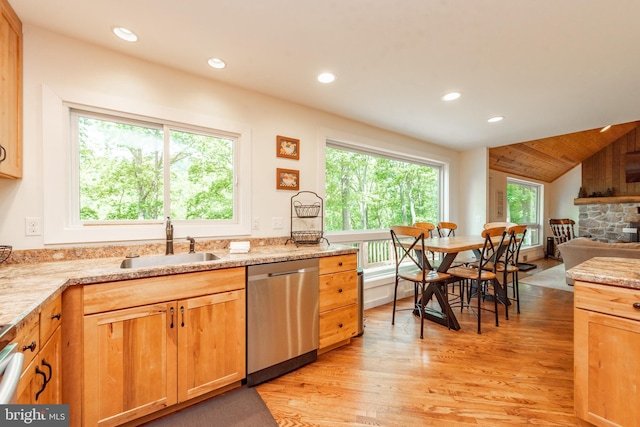 kitchen featuring light hardwood / wood-style flooring, stainless steel dishwasher, a healthy amount of sunlight, and vaulted ceiling