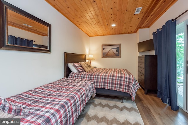 bedroom with wood ceiling and wood-type flooring