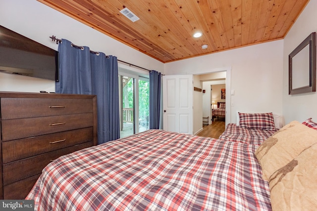 bedroom with wood ceiling, access to exterior, and light hardwood / wood-style flooring