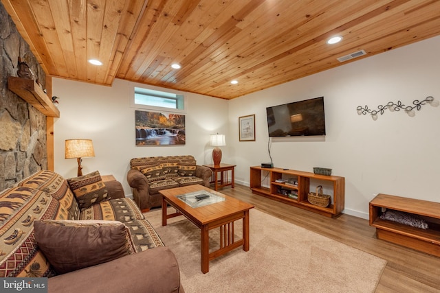 living room with wooden ceiling and light hardwood / wood-style floors