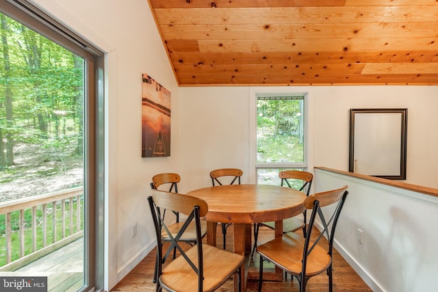 dining area featuring a healthy amount of sunlight, vaulted ceiling, and hardwood / wood-style flooring