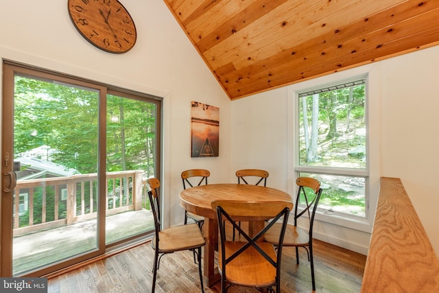 dining space with lofted ceiling, wood-type flooring, and a healthy amount of sunlight