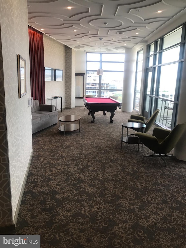 playroom featuring carpet flooring, billiards, and expansive windows