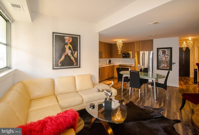 living room featuring dark wood-type flooring