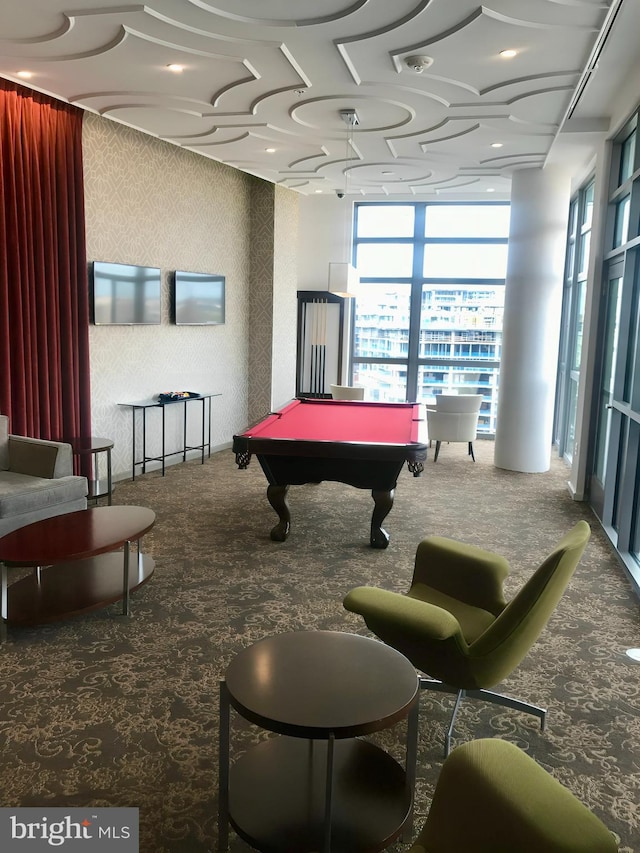 rec room featuring a wall of windows, carpet, and billiards