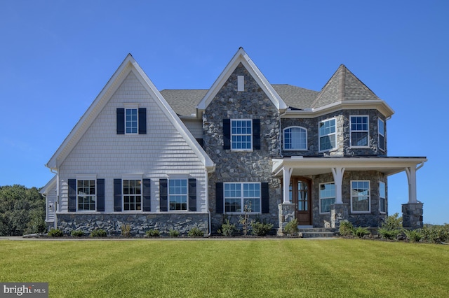 view of front of property featuring covered porch and a front lawn