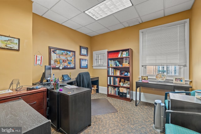 office area featuring a drop ceiling and dark colored carpet