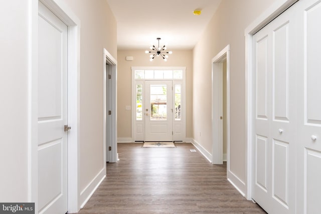 entryway featuring an inviting chandelier and wood-type flooring