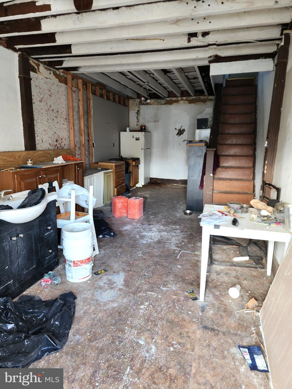 basement featuring white refrigerator