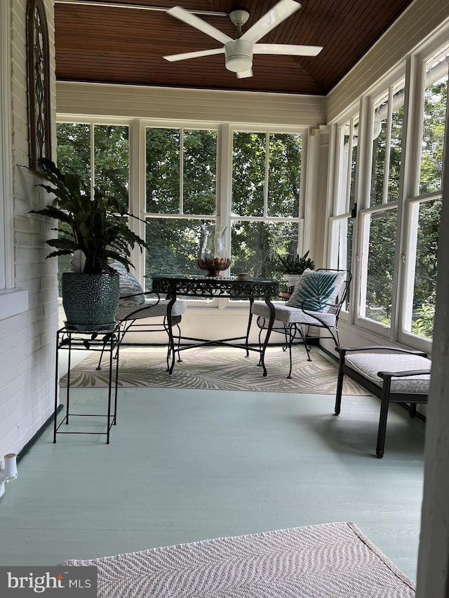 sunroom / solarium with wooden ceiling and ceiling fan