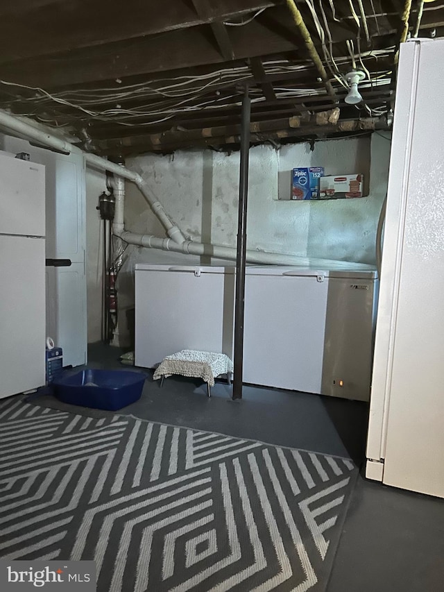 basement with white fridge