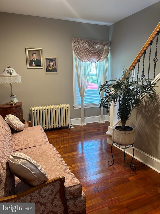 living room with radiator heating unit and dark hardwood / wood-style flooring