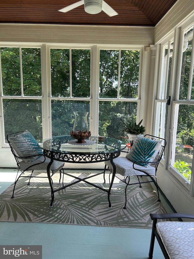 unfurnished sunroom featuring wooden ceiling and ceiling fan