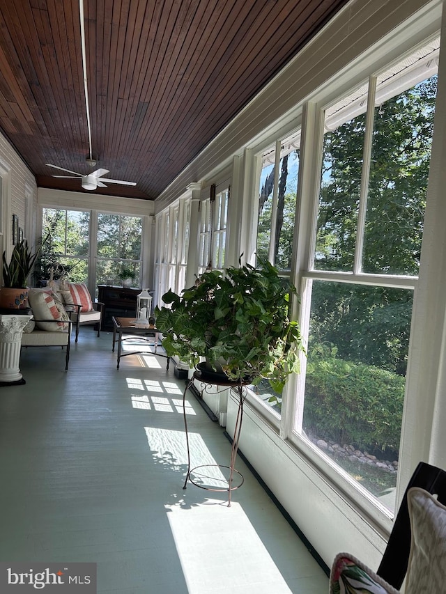 sunroom / solarium with ceiling fan and wood ceiling