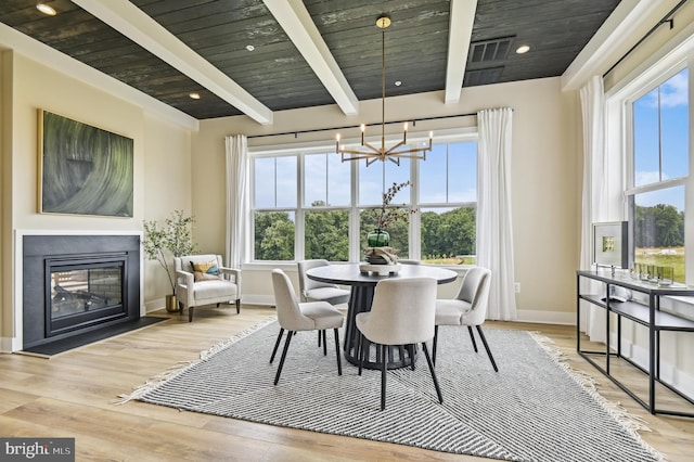 dining area featuring light hardwood / wood-style flooring, wood ceiling, a chandelier, and beamed ceiling