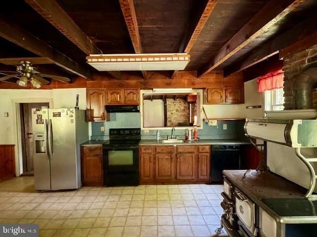 kitchen featuring ceiling fan, stainless steel refrigerator with ice dispenser, range, exhaust hood, and beam ceiling