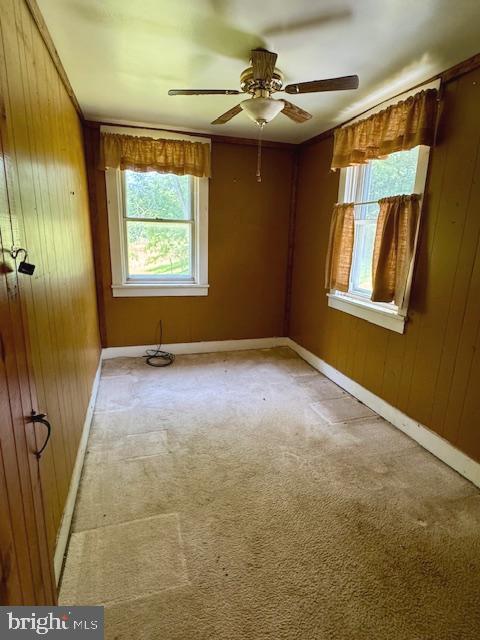 spare room with wooden walls, ceiling fan, and carpet flooring