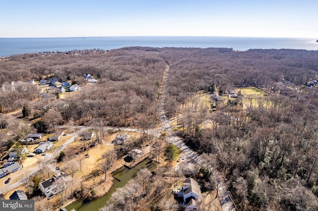 drone / aerial view featuring a water view