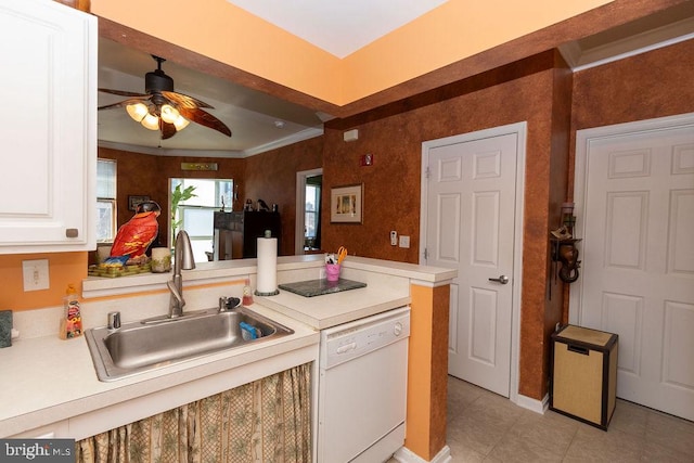 kitchen featuring ceiling fan, dishwasher, white cabinets, sink, and light tile floors