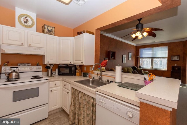 kitchen featuring white cabinetry, ceiling fan, white appliances, and sink