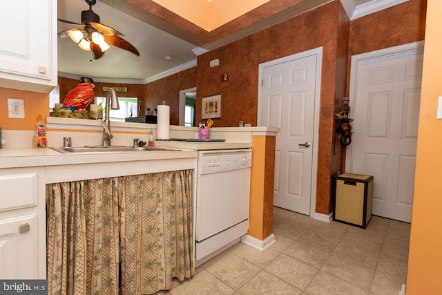 kitchen with white cabinets, light tile flooring, ornamental molding, white dishwasher, and ceiling fan