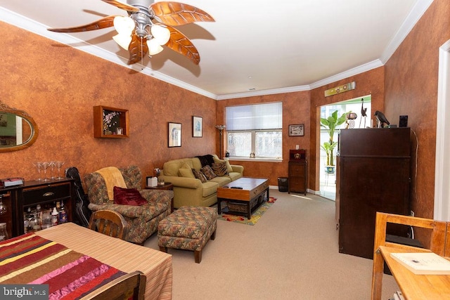 carpeted living room featuring ceiling fan and crown molding