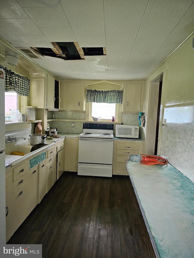 kitchen with white appliances, backsplash, dark hardwood / wood-style floors, and sink