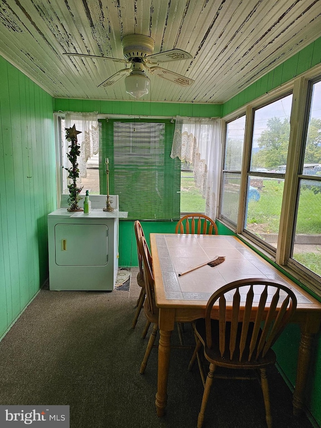 sunroom / solarium featuring wooden ceiling, ceiling fan, washer / clothes dryer, and a healthy amount of sunlight