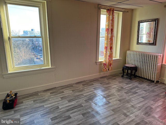 unfurnished room featuring radiator, a wealth of natural light, and hardwood / wood-style flooring