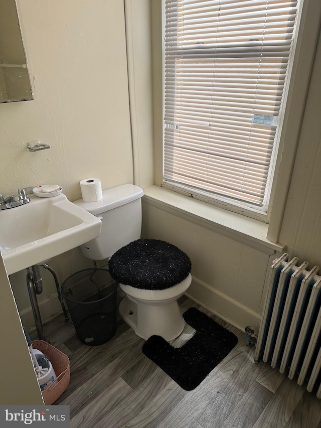 bathroom featuring radiator heating unit, toilet, and hardwood / wood-style floors