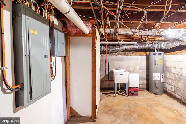 basement with water heater and sink