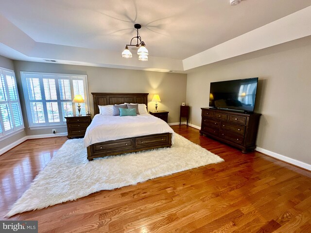 bedroom with a raised ceiling, baseboards, and wood finished floors