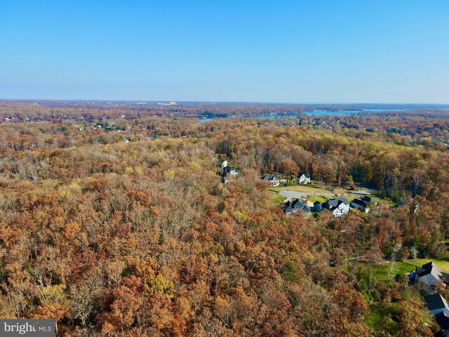 drone / aerial view with a wooded view