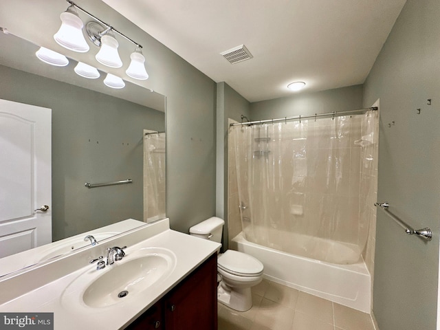 bathroom with visible vents, toilet, shower / tub combo, tile patterned floors, and vanity