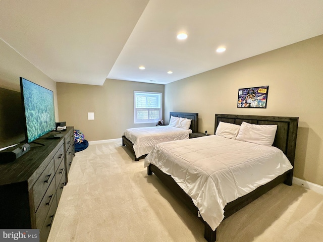 bedroom with recessed lighting, baseboards, light colored carpet, and vaulted ceiling