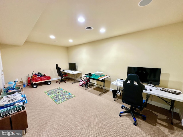 carpeted office featuring recessed lighting, visible vents, and baseboards