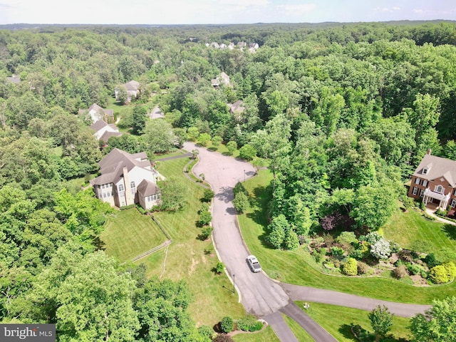 drone / aerial view featuring a view of trees