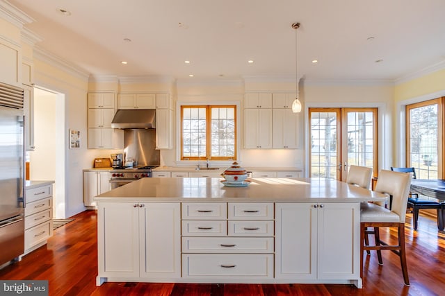 kitchen featuring dark hardwood / wood-style floors, high quality appliances, white cabinets, hanging light fixtures, and a center island