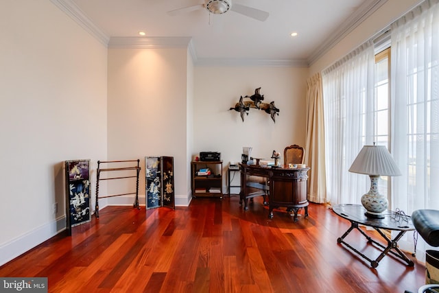 interior space with crown molding, ceiling fan, and dark hardwood / wood-style flooring