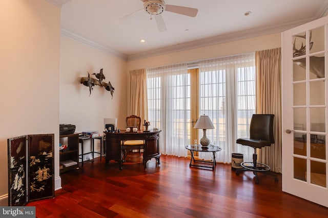 living area with crown molding, dark hardwood / wood-style floors, and ceiling fan