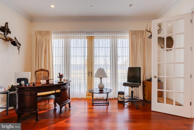 misc room featuring french doors, ornamental molding, and wood-type flooring