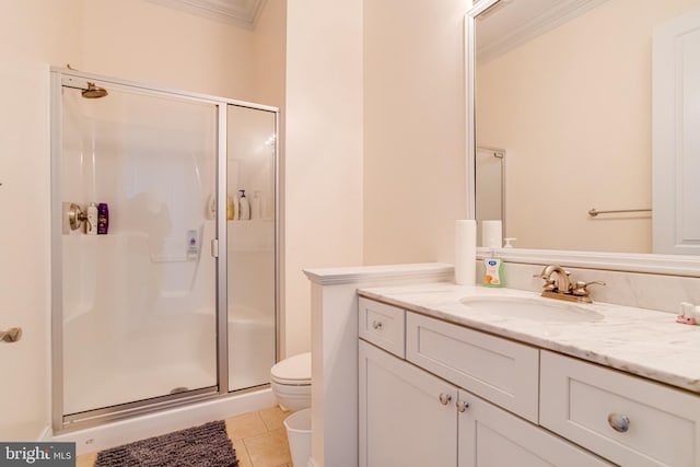 bathroom featuring an enclosed shower, tile patterned flooring, ornamental molding, and toilet