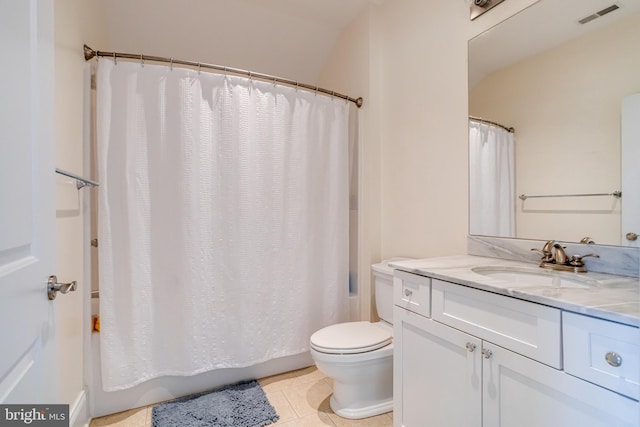 full bathroom with vanity, toilet, tile patterned flooring, and shower / bath combo with shower curtain