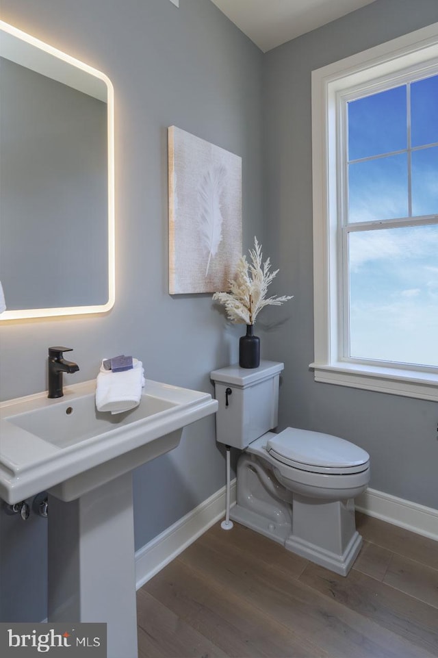 bathroom with toilet and hardwood / wood-style flooring