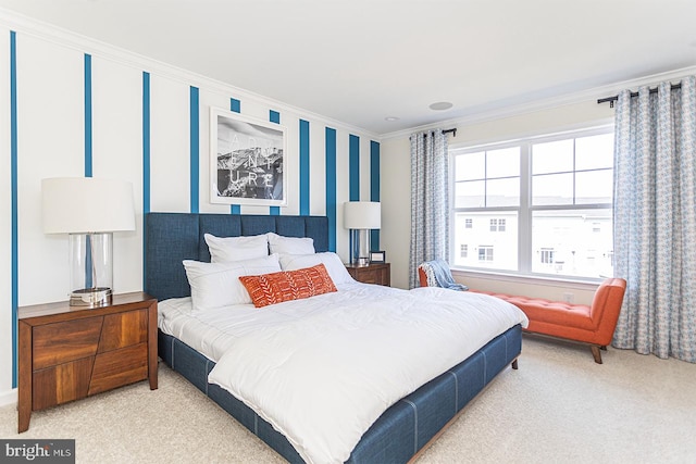 carpeted bedroom with ornamental molding