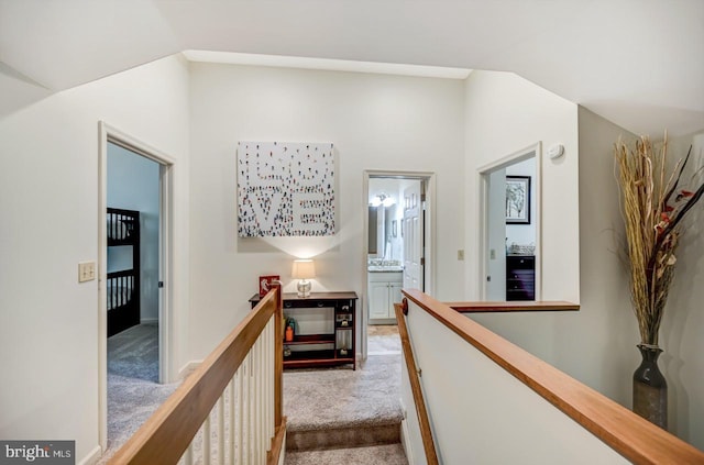 hall featuring carpet flooring and lofted ceiling